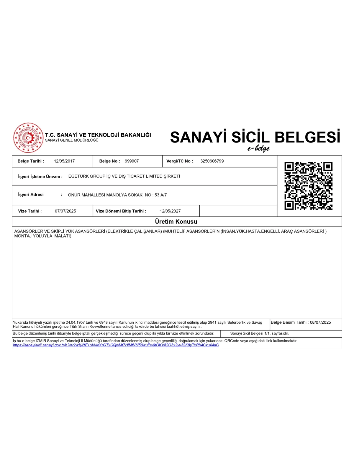 SANAYİ SİCİL BELGESİ